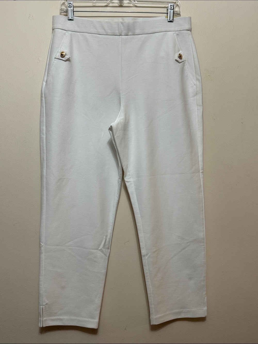 Michael Kors Cream Cropped Straight-Leg Pants with Gold Button Accents